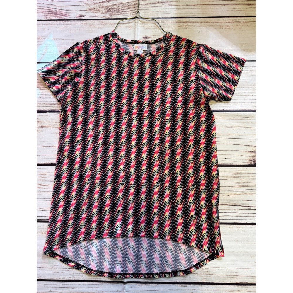 LuLaRoe Girls Size 12 Short Sleeve High Low Top Pink Yellow Wavy Chevron Print